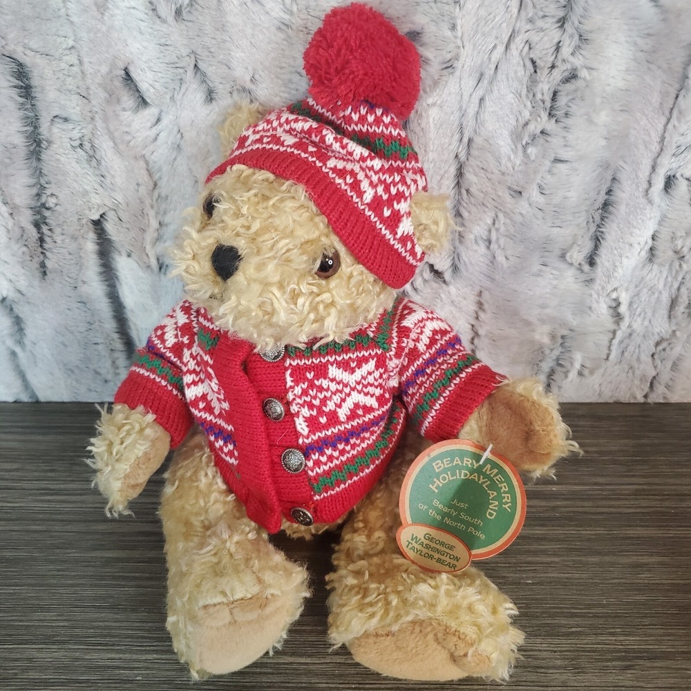 George Washington Taylor Bear Christmas Teddy Brown 12" Knit Sweater Hat Weightd